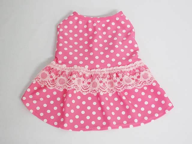 ハンドメイド　わんこの服　Mサイズ　ドット柄　レース　ピンク