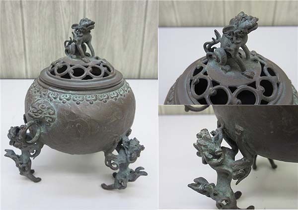 高岡銅器　香炉　須賀七郎作　玉型　三獅子