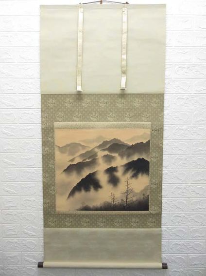 掛軸　奥平哲史作　連山　山水画　共箱入り　尺八横　絹本　掛け軸