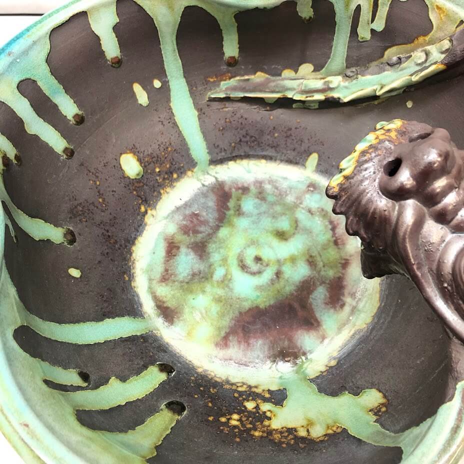 クリックで拡大 陶器製 手水鉢 龍モチーフ グリーン系 茶道具 水鉢 つくばい 柄杓付 露地道具 緑 竜 - 画像2