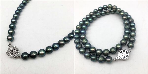 クリックで拡大 パール ネックレス 玉虫色 ブラック系 1連 約39cm 小粒 約6.2mm 真珠 黒系 偏光カラー メタリック アクセサリー - 画像3