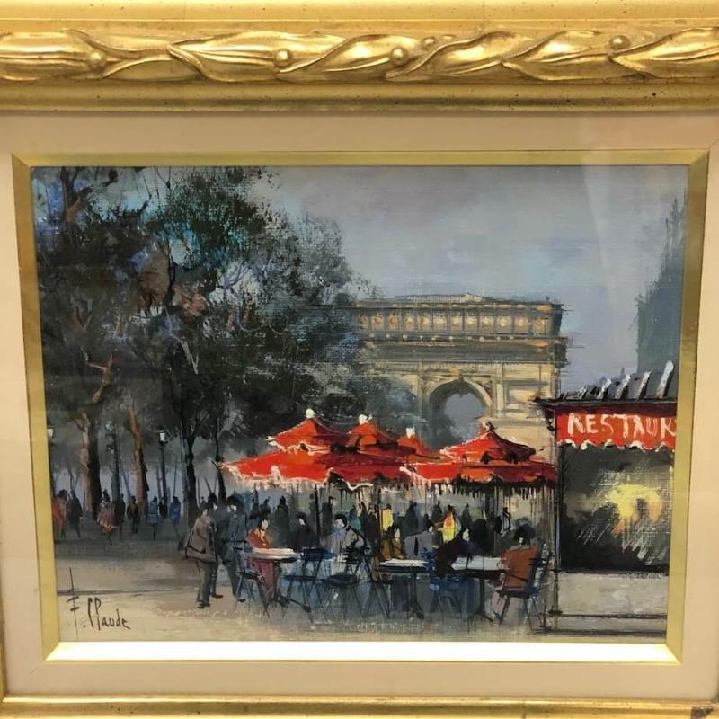 クリックで拡大 額装 クロード がいせん門近くのカフェ 油彩画 F3 直筆サイン入り F.Claude 油絵 - 画像2