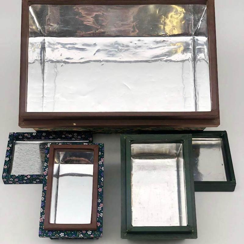ミニ茶箱 3個セット 昭和 レトロ 和小物 小型 紙張 お茶箱 蓋付 収納箱 木製 小物入れ 卓上サイズ