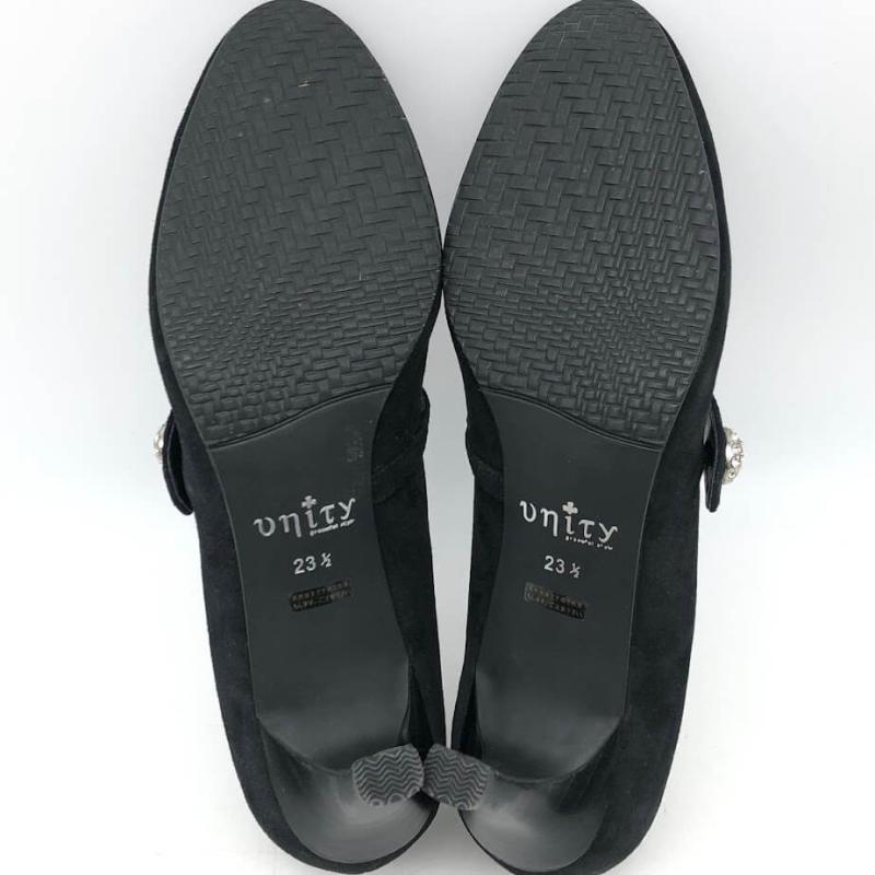 Unity パンプス ブラック 23.5cm スウェード調 約6cmヒール ユニティ 黒 甲ストラップ ビジュー フェミニン 卒業 入学