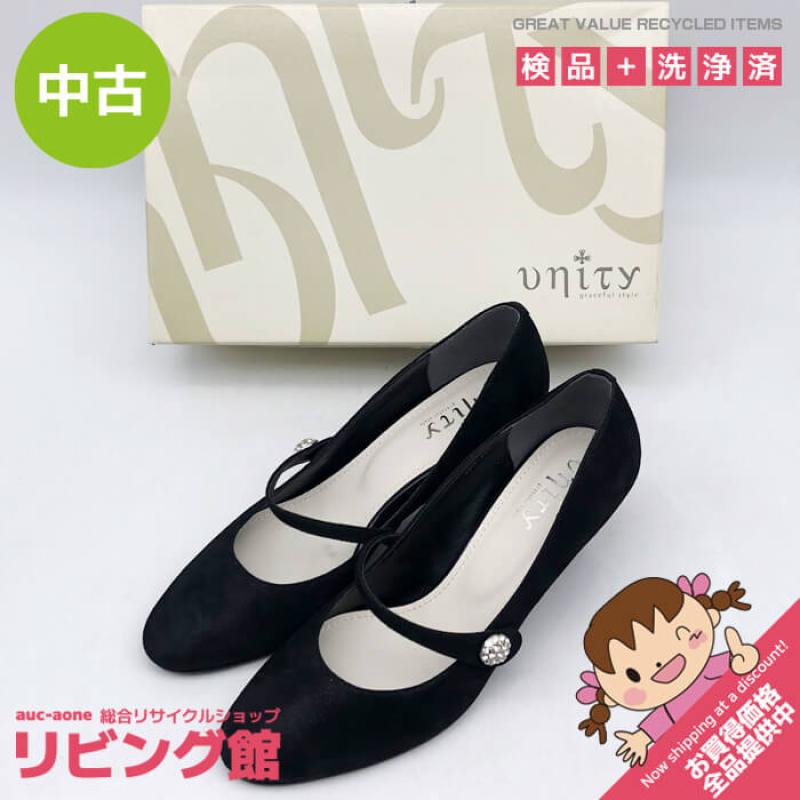 Unity パンプス ブラック 23.5cm スウェード調 約6cmヒール ユニティ 黒 甲ストラップ ビジュー フェミニン 卒業 入学
